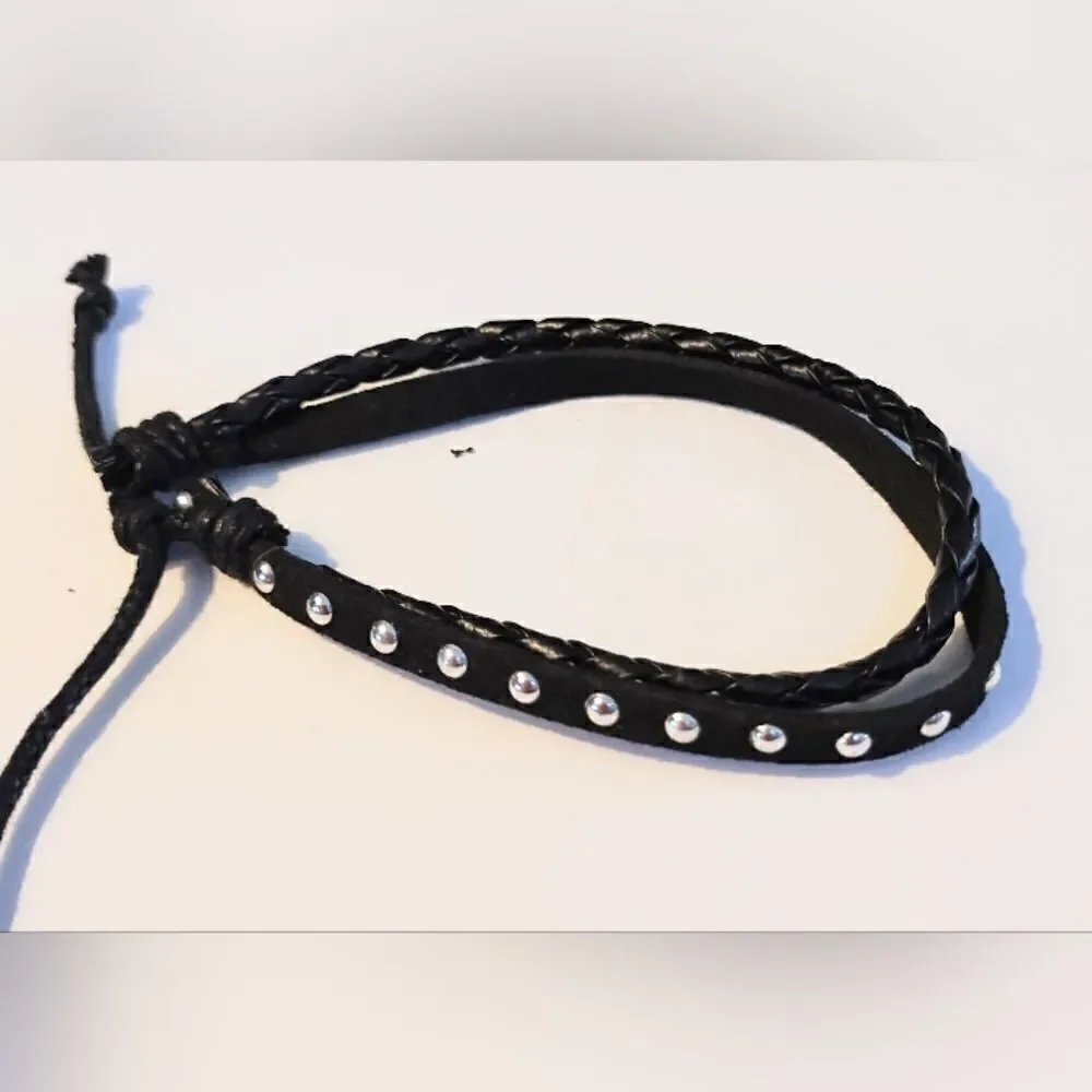 Men's bracelet‎ leather braided layered black new d38